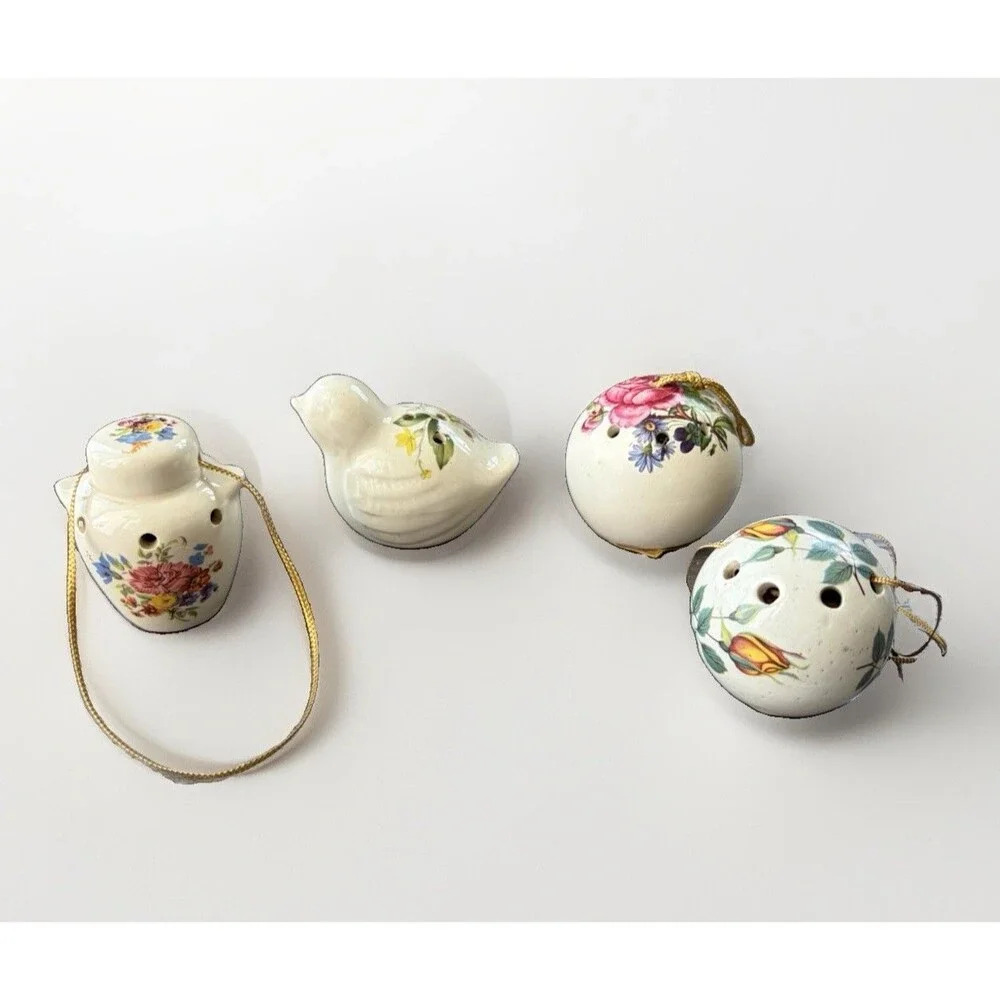 VTG Set of 4 Ceramic Pomander Balls Bird Urn English Floral Potpourri Ornaments